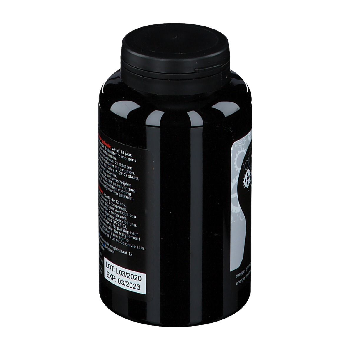 Flacon noir avec bouchon noir. Dos avec texte en néerlandais. Numéro de lot et date de péremption.
