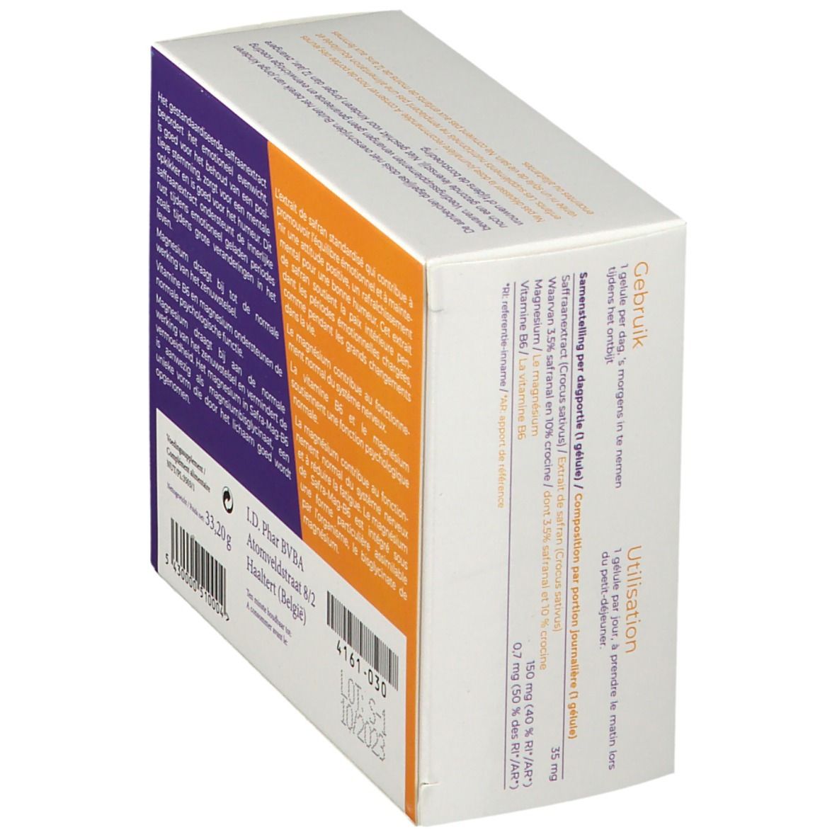 Boîte de SafraMag B6, vue en biais. Contient des informations sur la composition et l'utilisation.