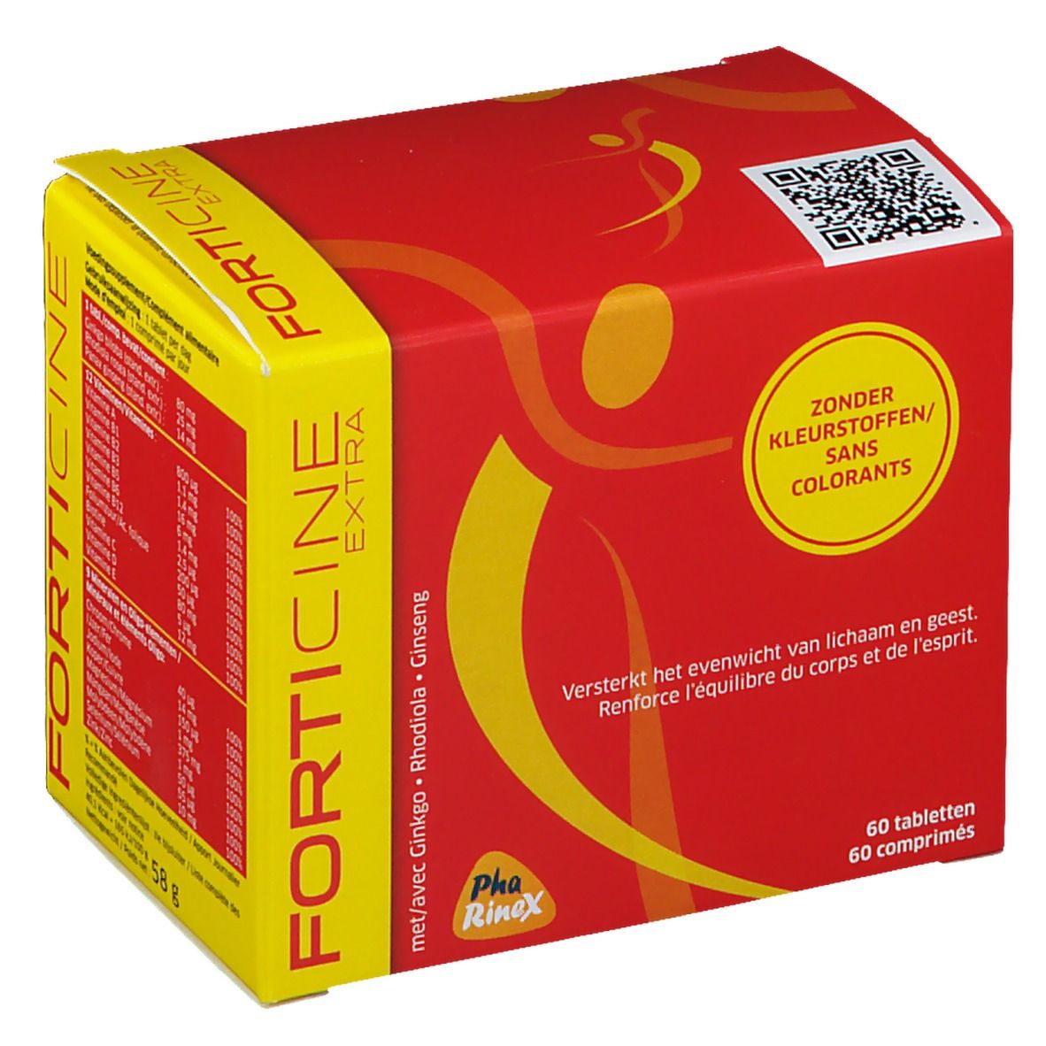 Boîte rouge et jaune avec nom et texte du produit. Contient 60 comprimés. Code QR et logo.