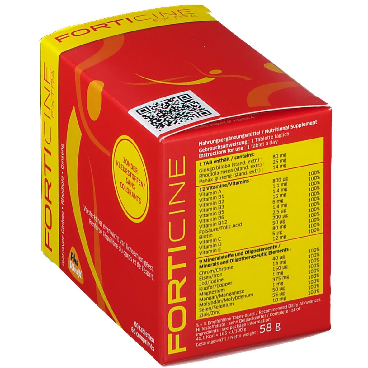 Boîte rouge et jaune avec informations sur le produit. Contient 60 comprimés. Code QR et logo.