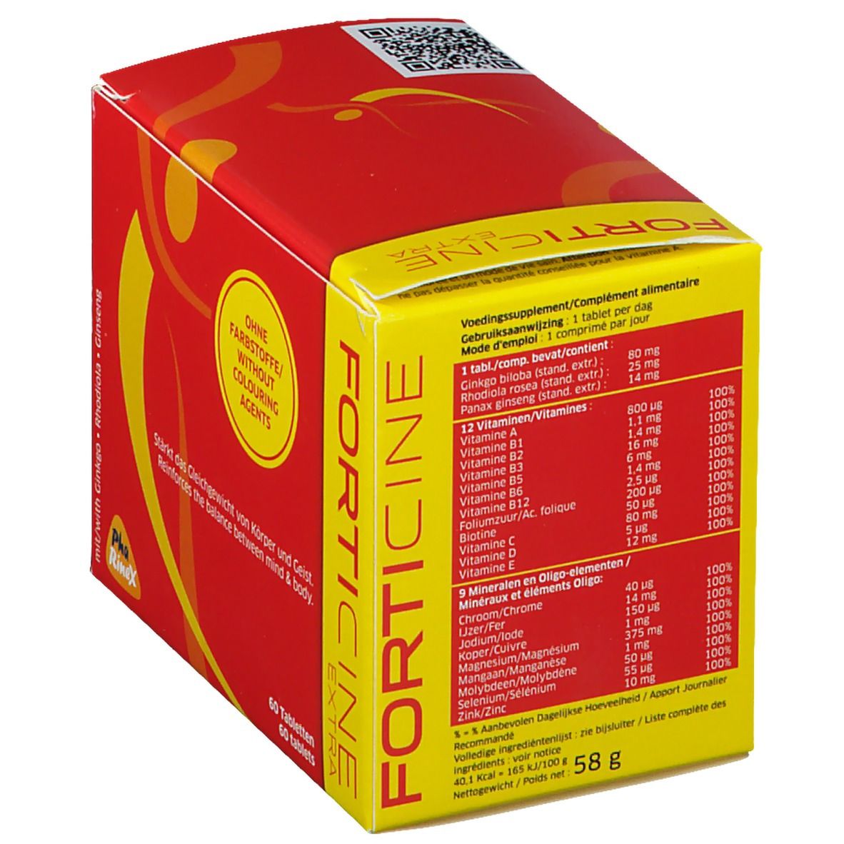 Boîte rouge et jaune avec informations sur le produit. Contient 60 comprimés. Code QR et logo.