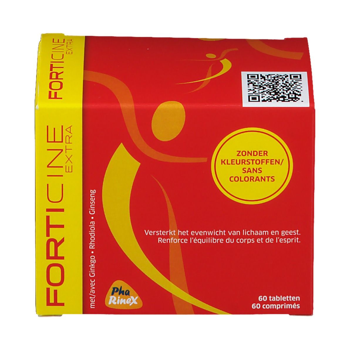 Boîte rouge et jaune avec nom et texte du produit. Contient 60 comprimés. Code QR et logo.