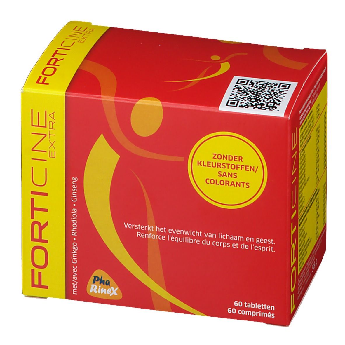 Boîte rouge et jaune avec nom et texte du produit. Contient 60 comprimés. Code QR et logo.