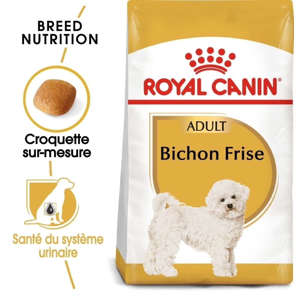 Avant d'un sac de nourriture Royal Canin Bichon Frise Adulte avec image de chien et informations produit.