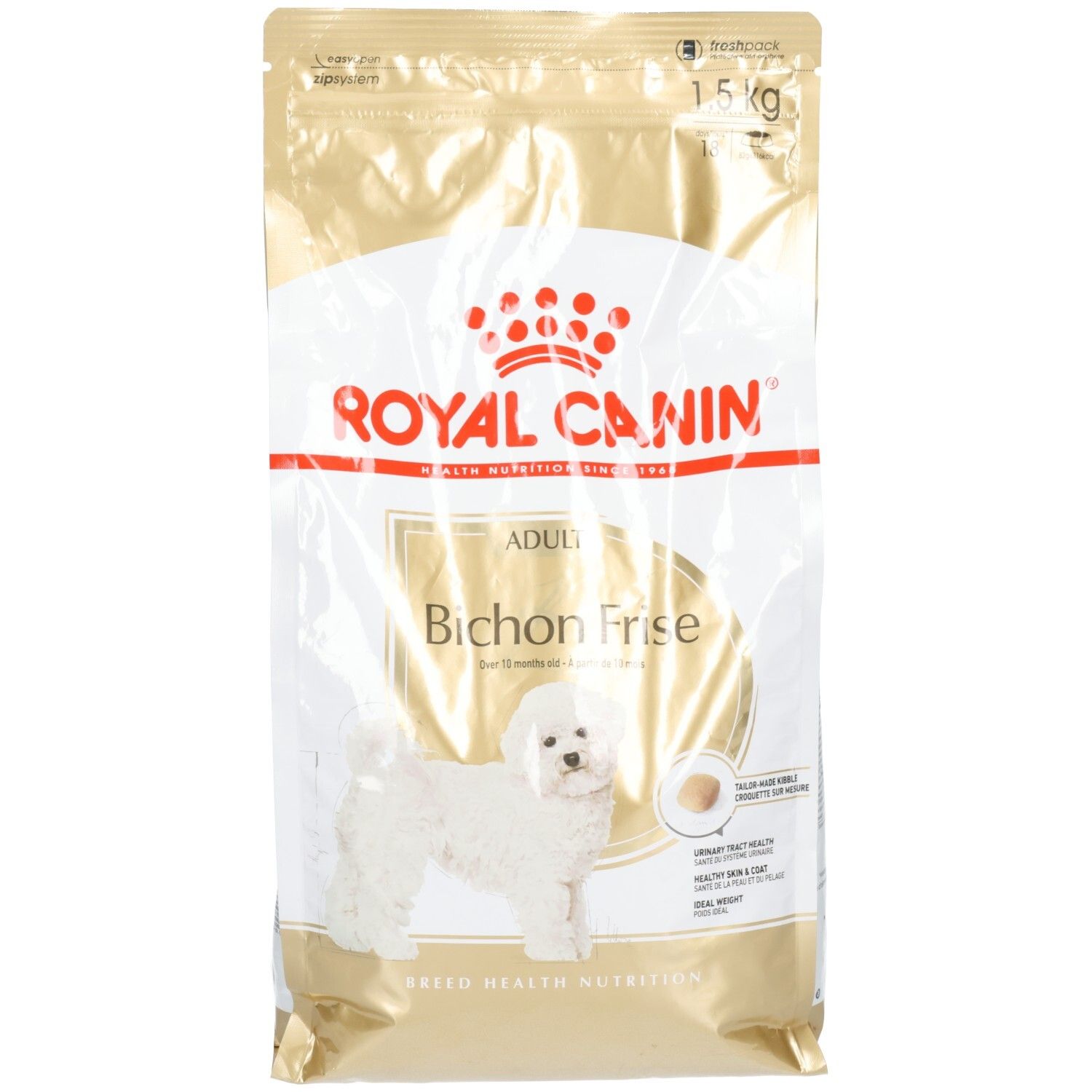 Croquettes Royal Canin Bichon Frise Adulte, sac de 1,5 kg avec image de chien et informations produit.