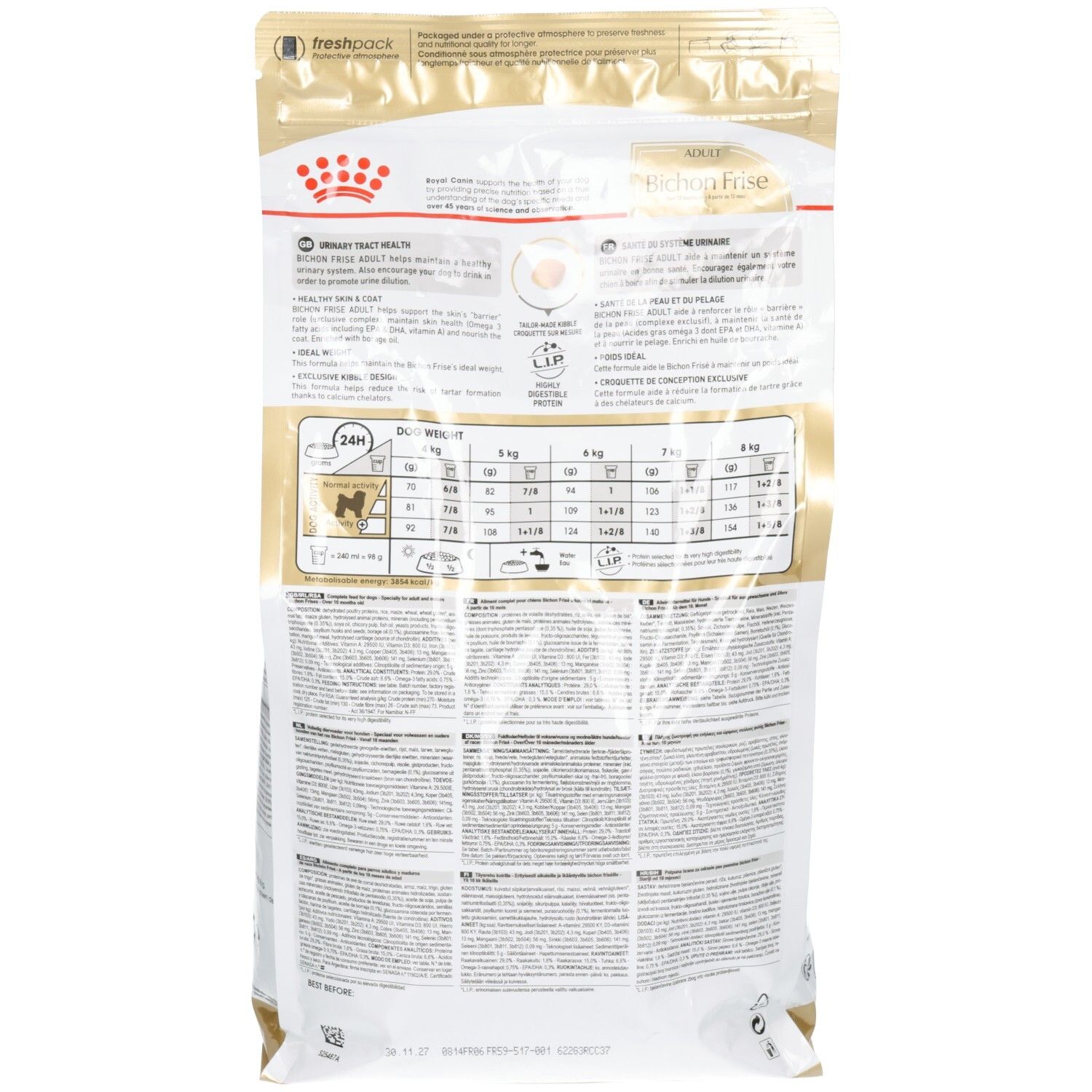 Arrière du sac de croquettes Royal Canin Bichon Frise Adulte avec recommandations alimentaires détaillées et ingrédients.