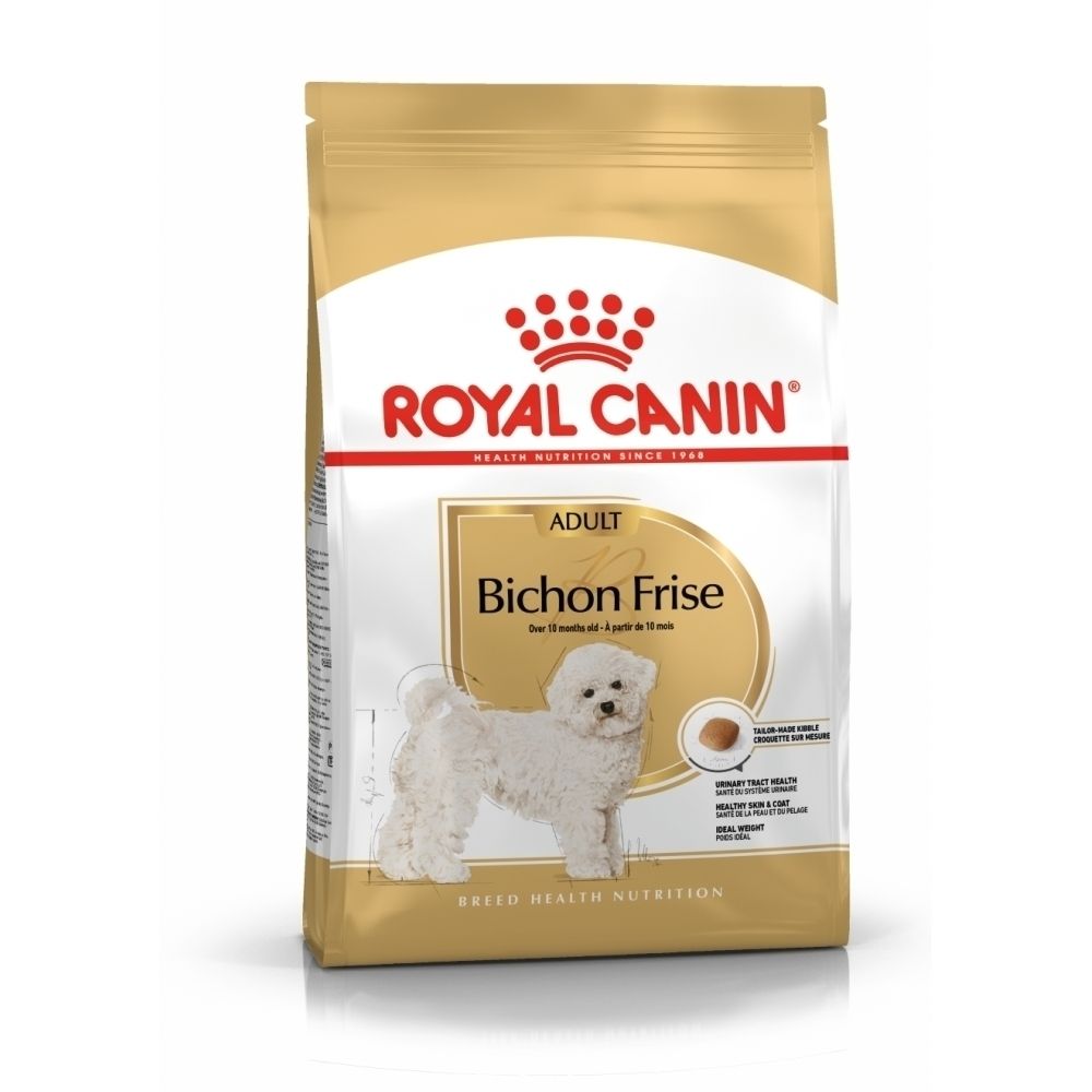 Sac de nourriture Royal Canin Bichon Frise mettant l'accent sur les croquettes adaptées et les voies urinaires saines.