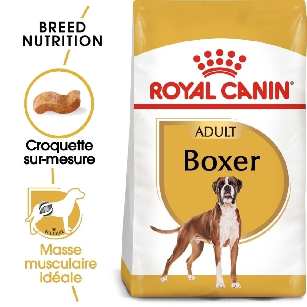 Face avant d'un sac Royal Canin Boxer, avec illustration de boxer et indications sur la nutrition par race.