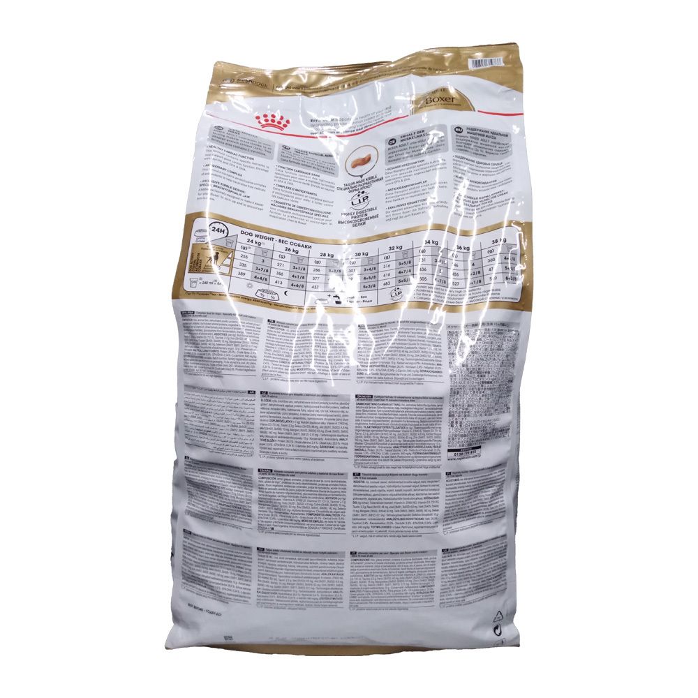 Dos d'un paquet de nourriture pour chiens Royal Canin Adult Boxer avec informations nutritionnelles et ingrédients.