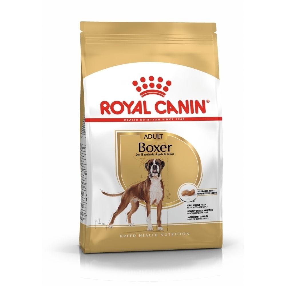 Face avant d'un sac Royal Canin Boxer, avec illustration de boxer et indications sur la nutrition par race.