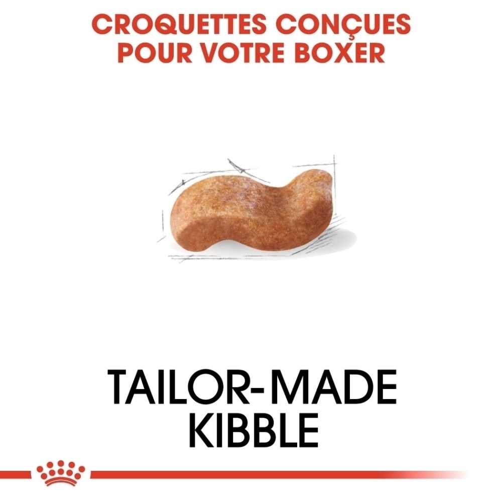 Nourriture Royal Canin Boxer : illustration d'un boxer avec schéma pour masse musculaire et fonction cardiaque idéales.