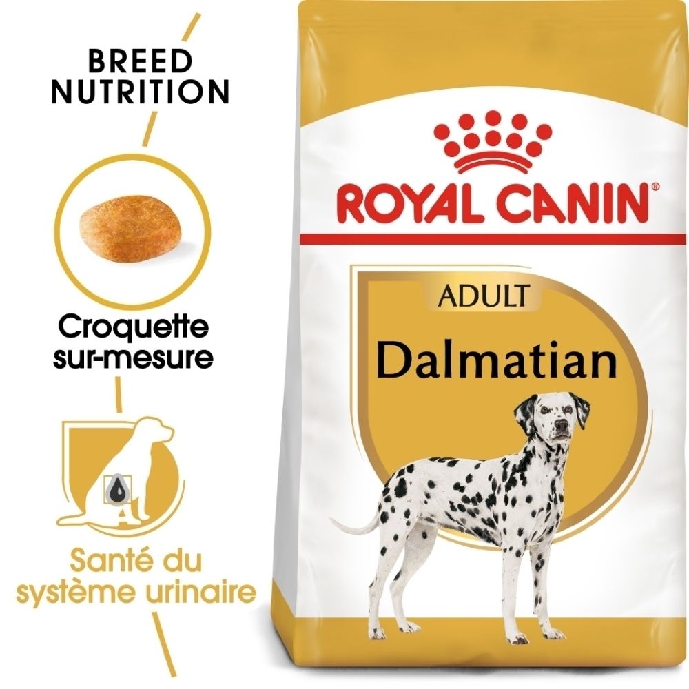 Avant d'un sac de nourriture Royal Canin Dalmatian Adult pour chien avec illustrations.