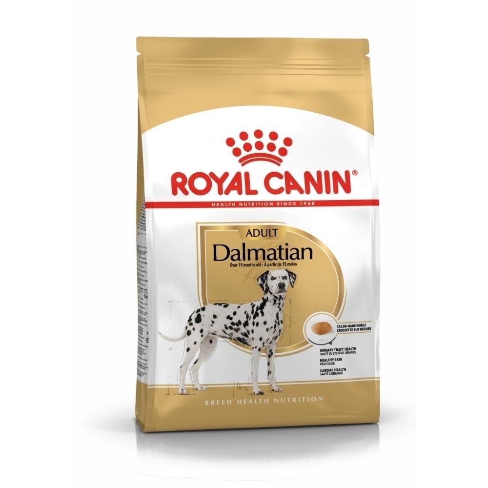 Avant d'un sac de nourriture Royal Canin Dalmatian Adult pour chien avec image de chien.