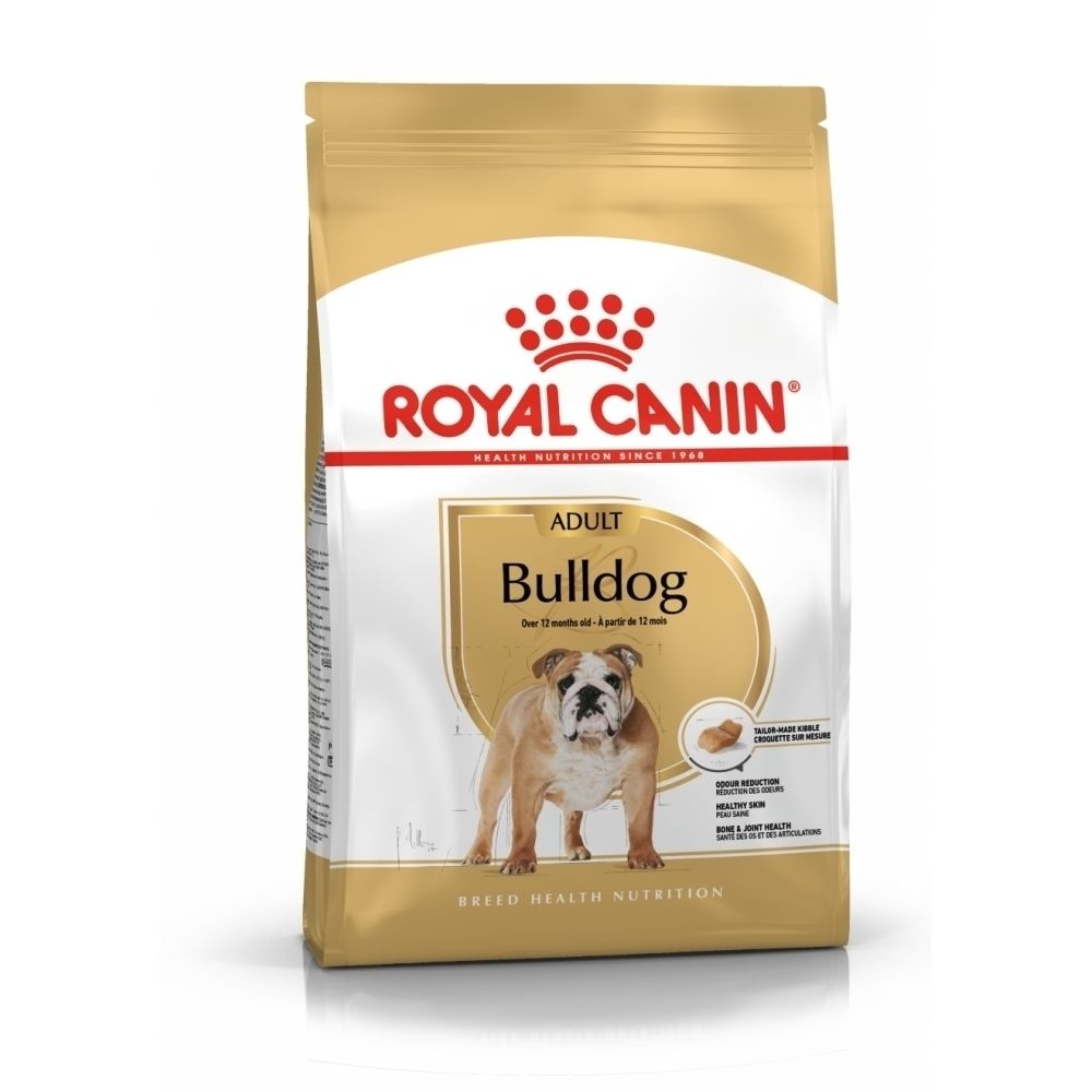 Face avant d'un sac de croquettes Royal Canin Bulldog, avec image de bouledogue et détails sur les croquettes.