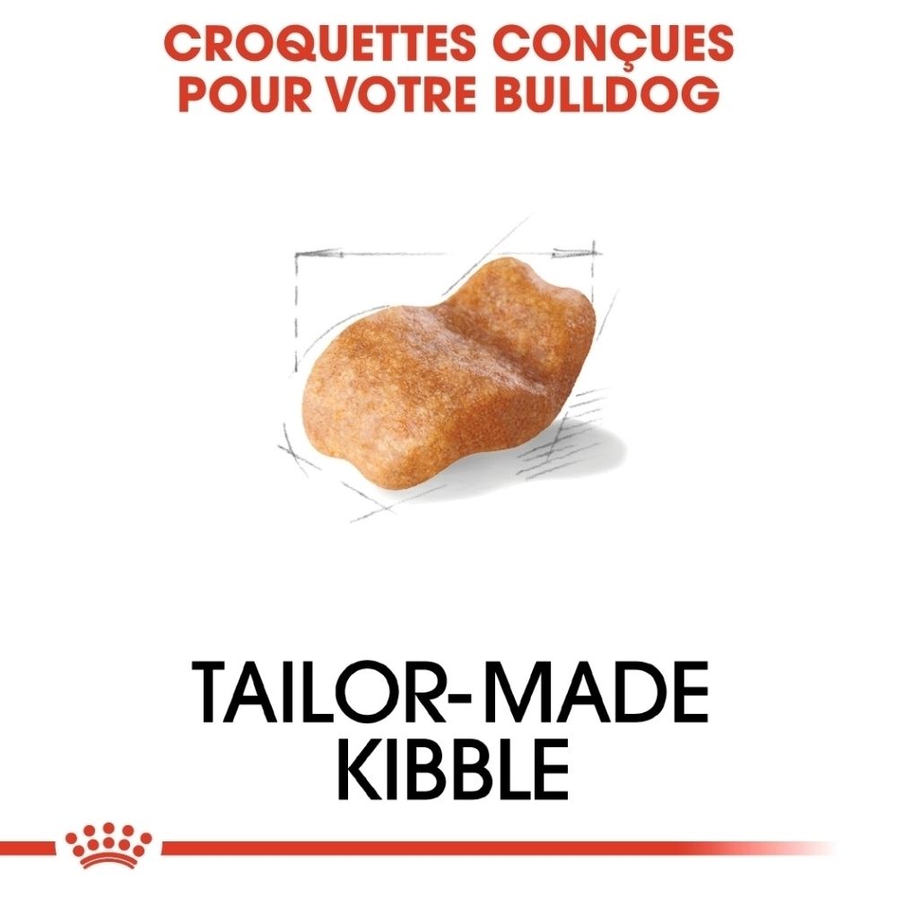 Sac de croquettes Royal Canin Bulldog : illustration d'un bouledogue et texte sur les croquettes sur mesure.