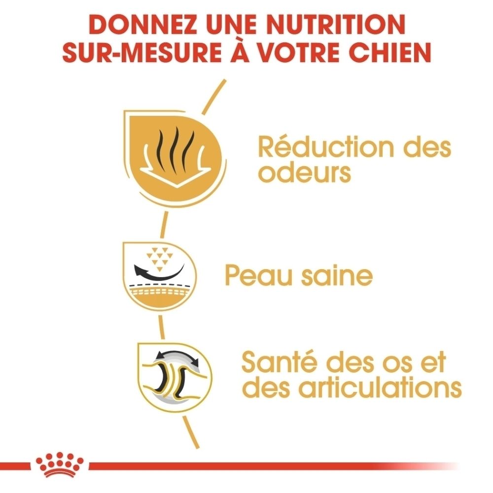 Sac de croquettes Royal Canin Bulldog : illustration d'un bouledogue et texte sur les croquettes sur mesure.