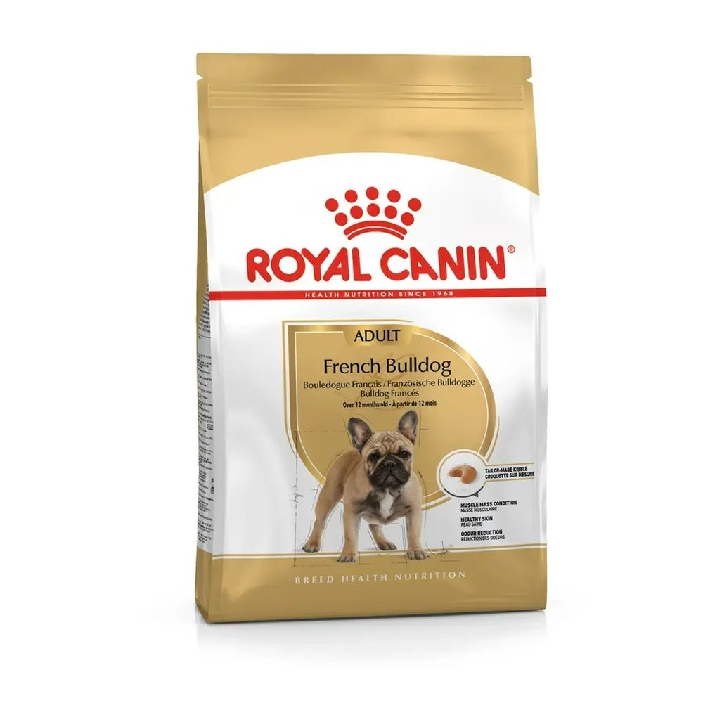 Sac de nourriture Royal Canin French Bulldog Adult avec image d'un bouledogue français.
