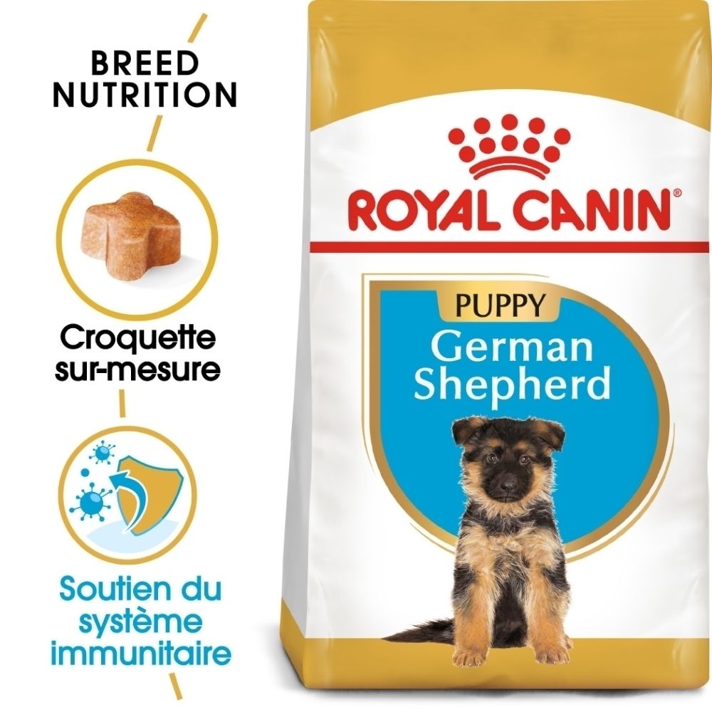 Sac Royal Canin German Shepherd Puppy avec chiot et informations sur la nutrition de race.
