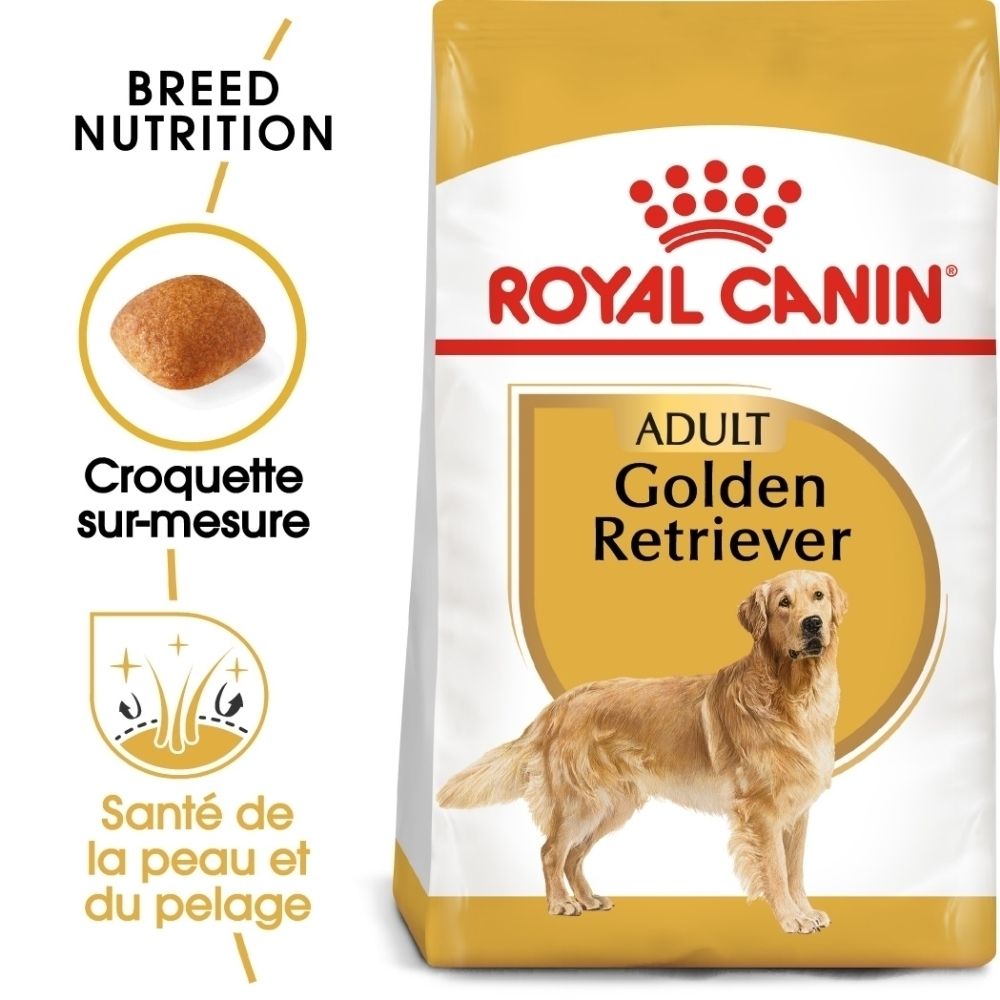 Emballage ROYAL CANIN Golden Retriever Adulte : croquettes sur mesure pour une peau et un pelage sains.