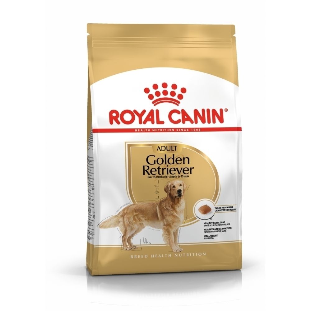 Emballage ROYAL CANIN Golden Retriever Adulte avec image d'un Golden Retriever et caractéristiques du produit.