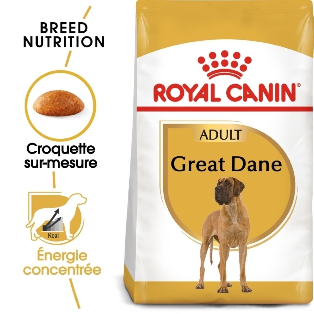 Emballage Royal Canin Great Dane Adult montrant des croquettes et des informations sur l'énergie.
