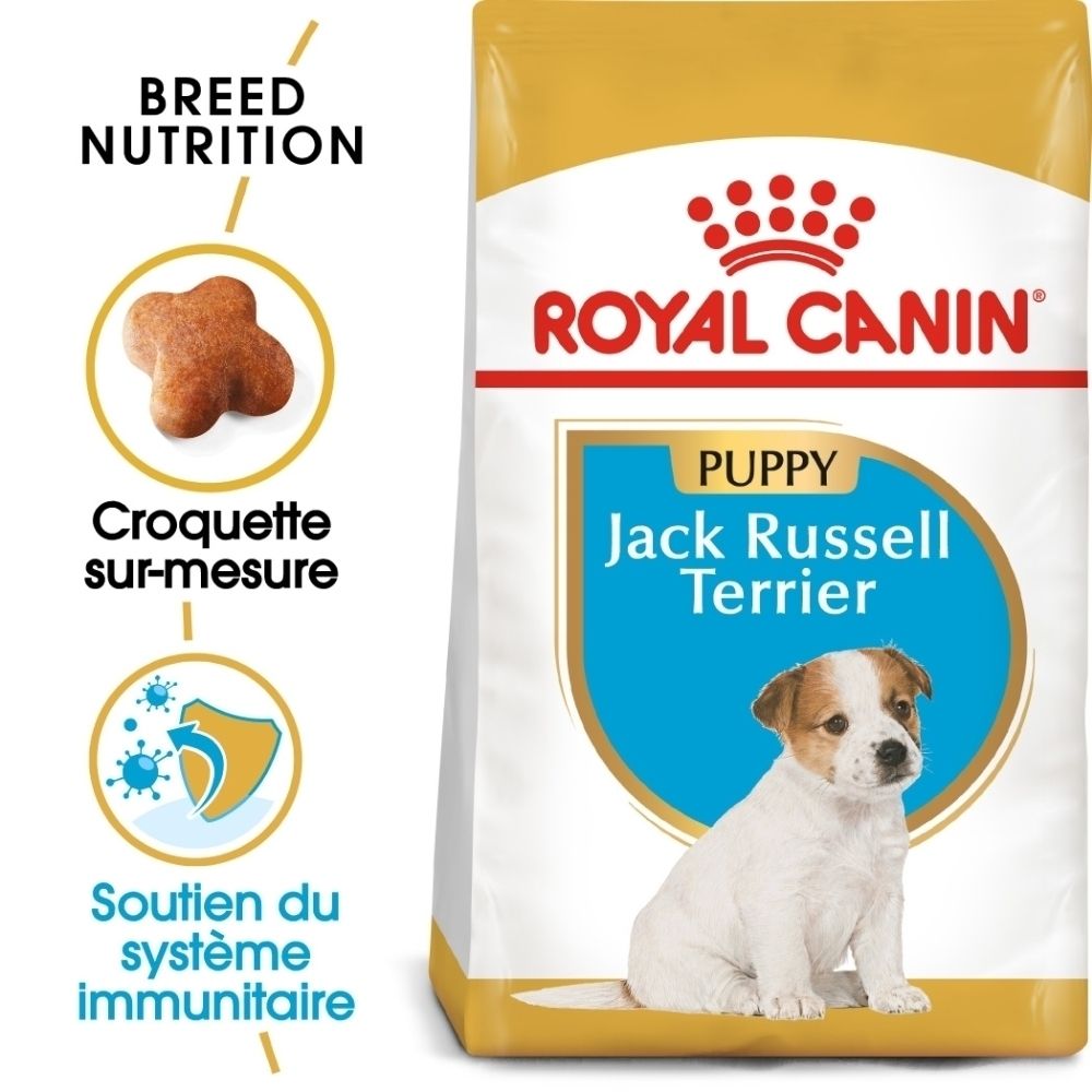 Avant d'un paquet de nourriture pour chiot Royal Canin Jack Russell Terrier avec image de chiot et caractéristiques du produit.