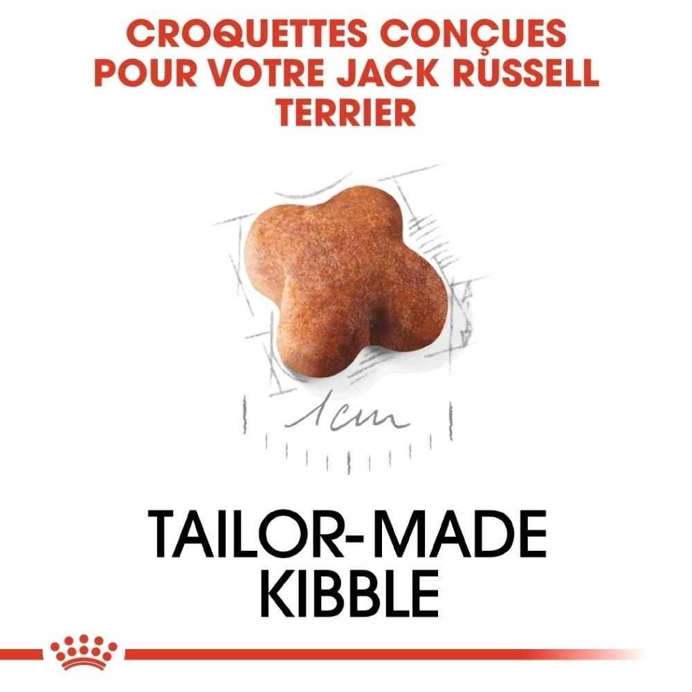 Avant d'un paquet de nourriture pour chiot Royal Canin Jack Russell Terrier avec image de chiot et caractéristiques du produit.