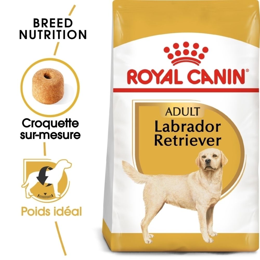 Sac de nourriture pour chien : Royal Canin Labrador Retriever Adulte, avec illustration d'un chien et croquettes.
