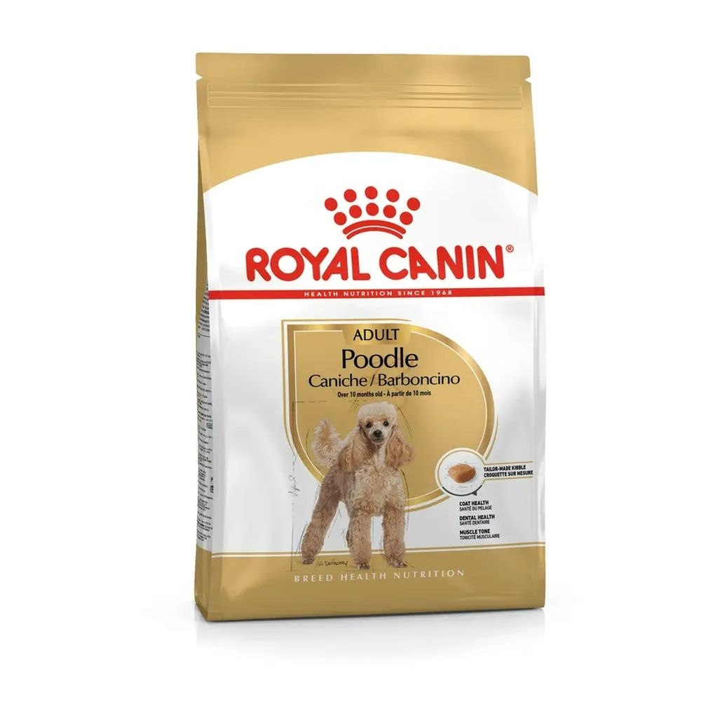 Sac de nourriture Royal Canin pour Poodle adulte avec image de caniche et informations produit.