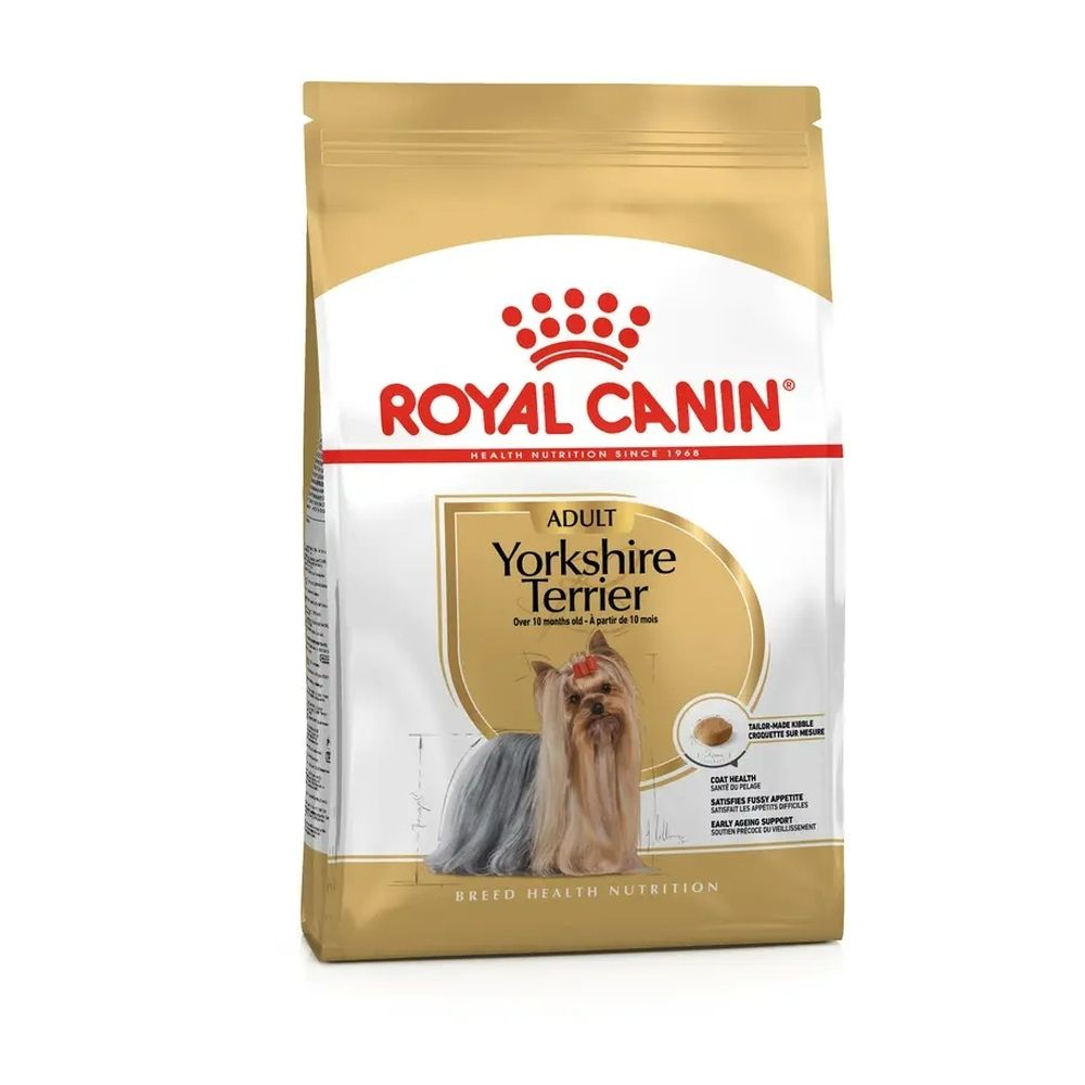 Sac de nourriture Royal Canin Yorkshire Terrier Adult avec image d'un Yorkshire Terrier.