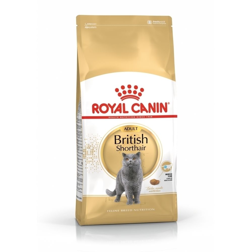 Sac de nourriture ROYAL CANIN® British Shorthair mettant en avant les croquettes sur mesure et la tonicité musculaire.