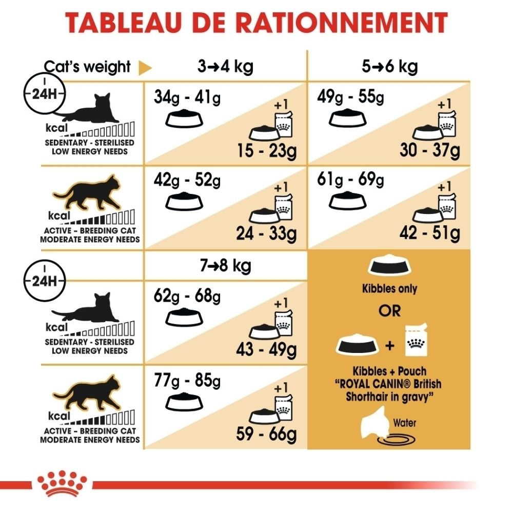 Sac et sachet de nourriture ROYAL CANIN® British Shorthair avec informations sur la combinaison de nourriture sèche et humide.