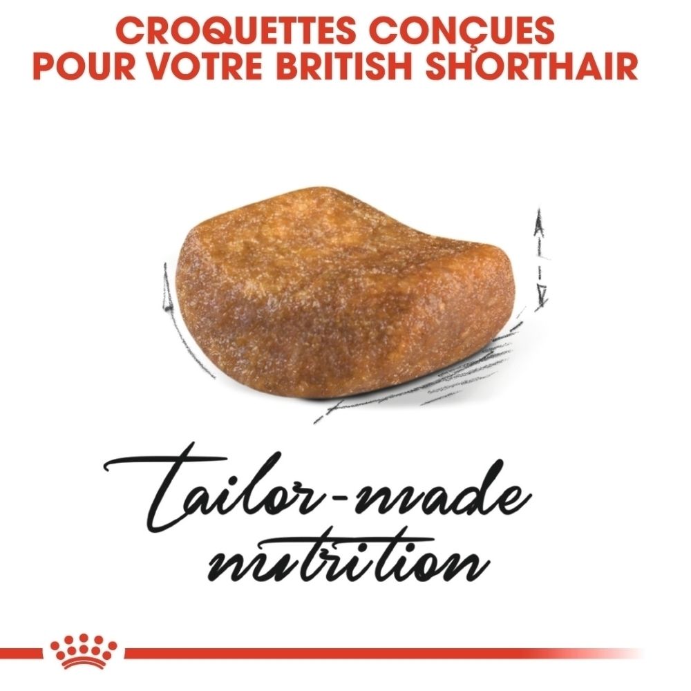 Tableau de rationnement pour nourriture pour chat Royal Canin British Shorthair, indiquant les quantités quotidiennes selon le poids et le niveau d'activité.