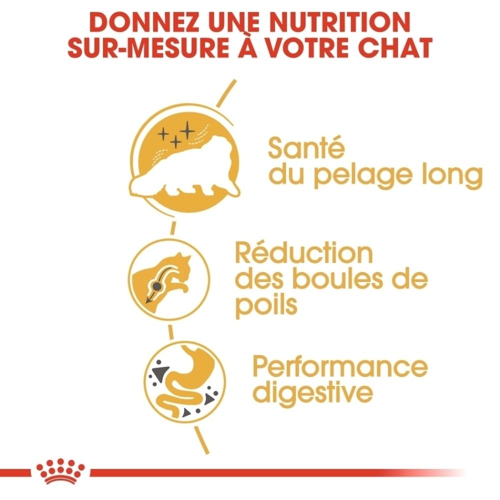 Graphique avec trois icônes : chat avec soin du pelage, chat avec symbole digestif, chat avec estomac. Texte : Santé du pelage long, Réduction des boules de poils, Performance digestive.