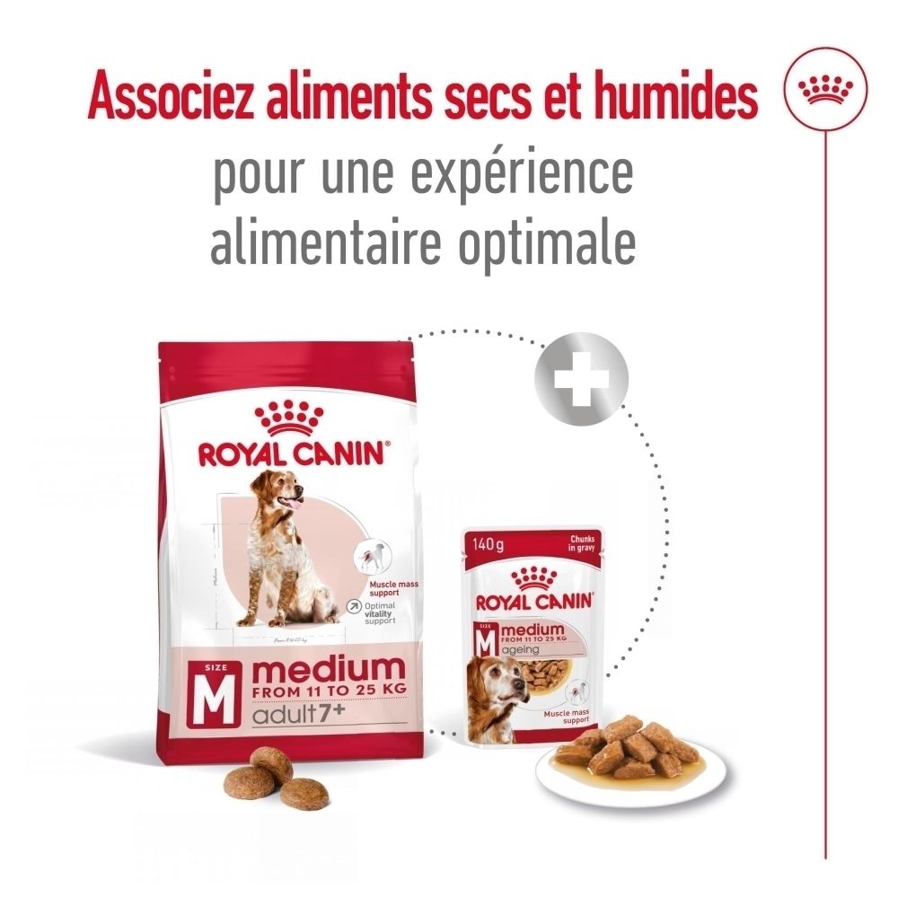 Combinaison d'aliments secs et humides pour chiens, avec images des produits.
