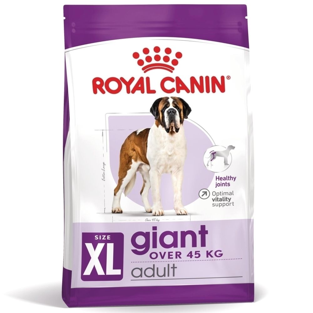 Avant d'un sac de 12kg de nourriture Royal Canin Giant Adult pour chien, avec St Bernard et caractéristiques produit.
