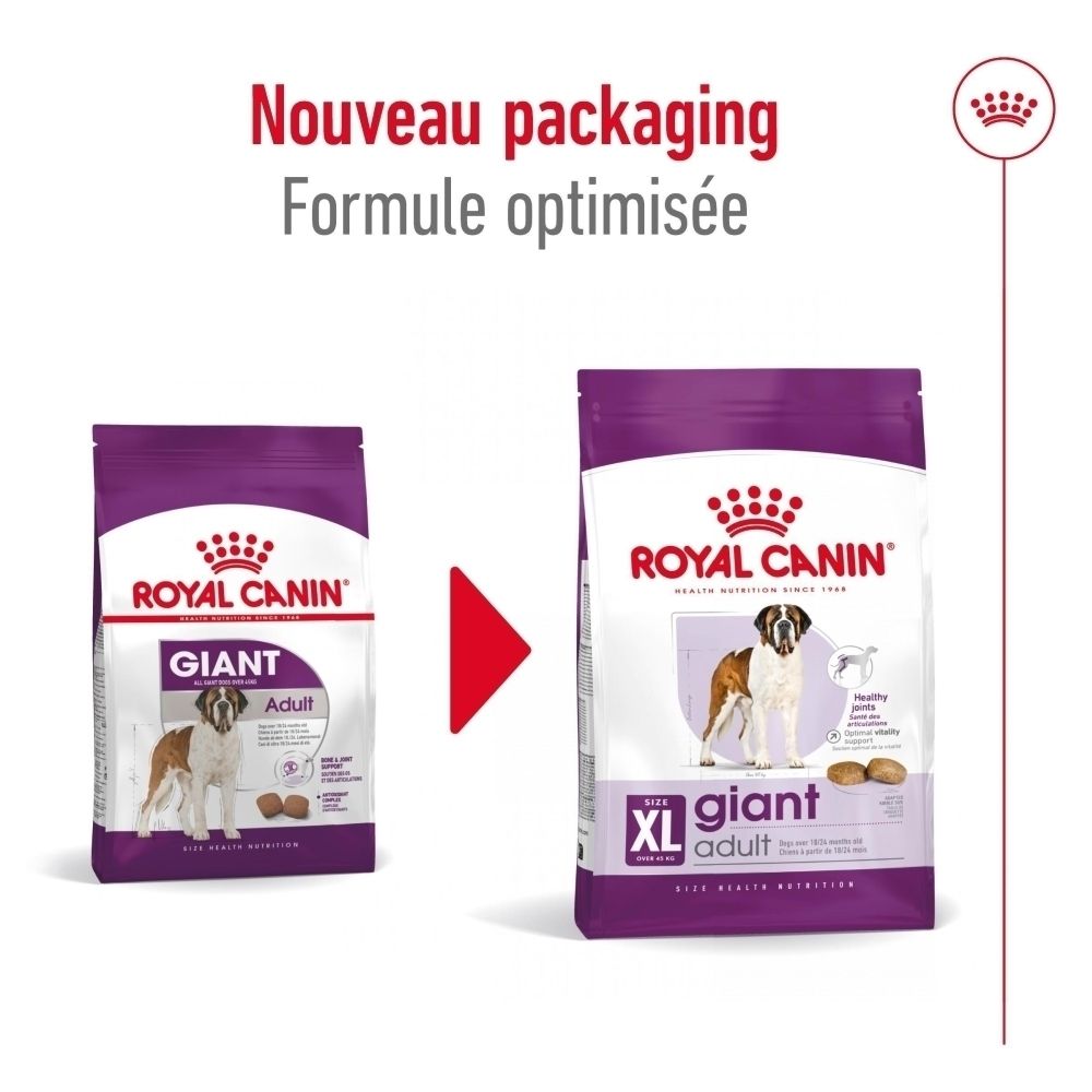 Comparaison de deux sacs de nourriture Royal Canin Giant Adult pour chien : ancien et nouveau design avec formule optimisée.