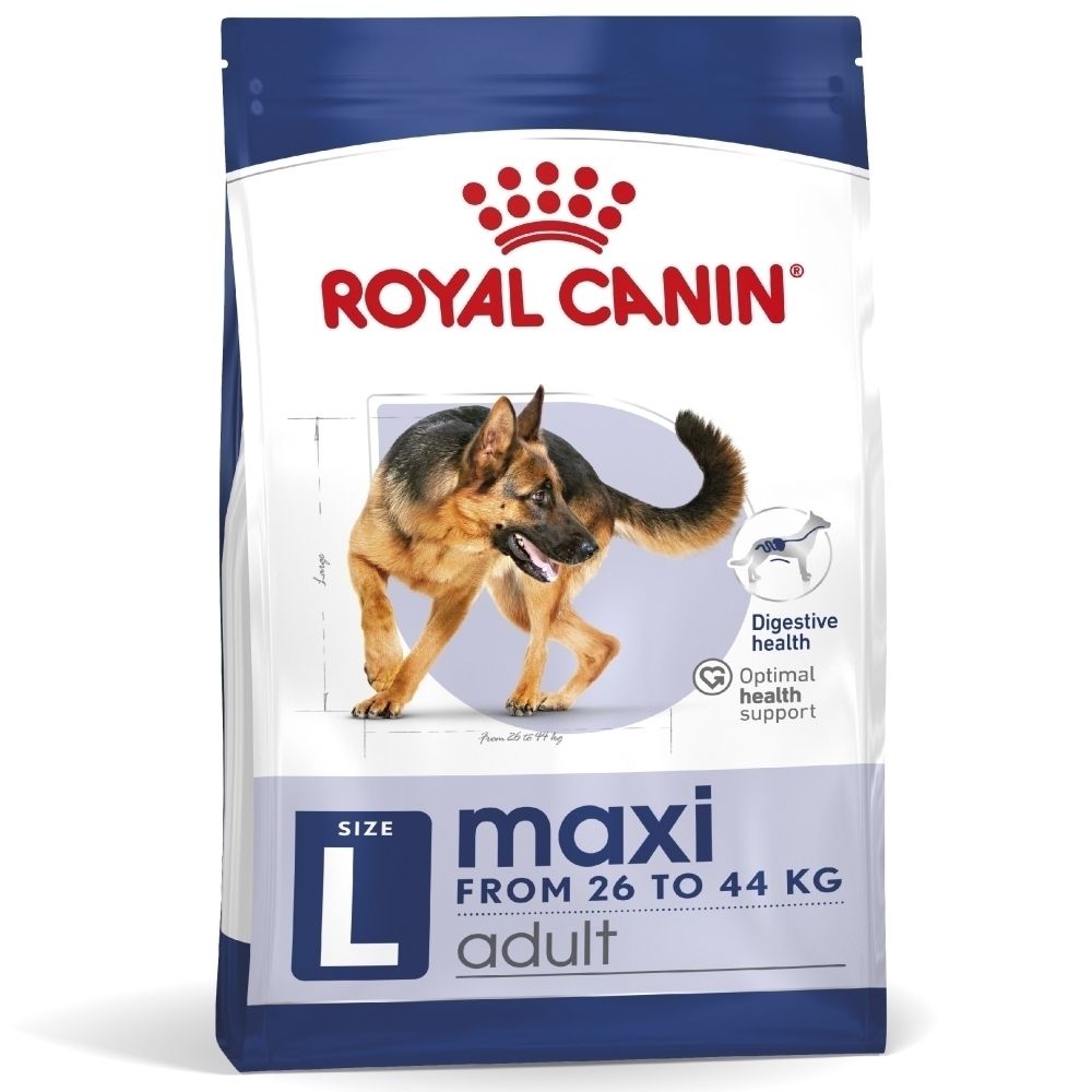 Sac de croquettes ROYAL CANIN Maxi Adult avec image de Berger Allemand.