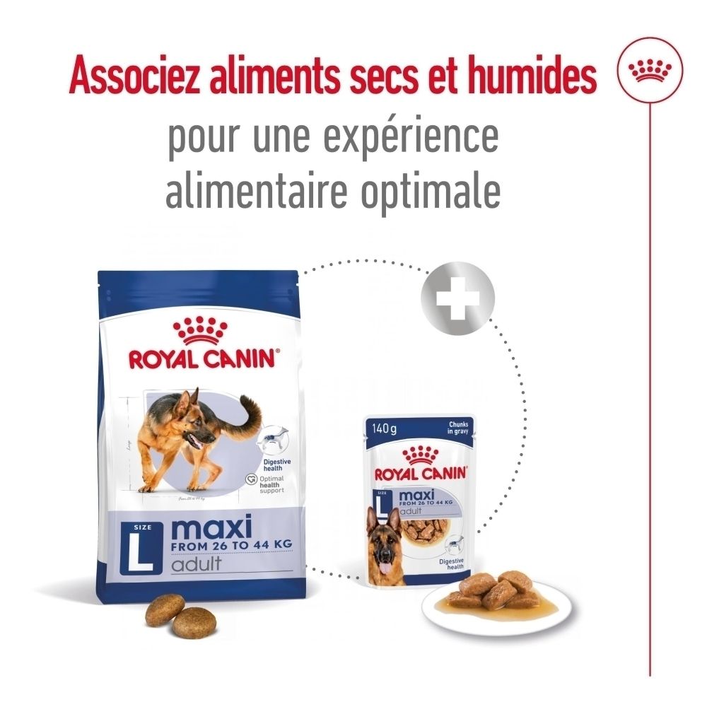 Arrière d'un sac de croquettes ROYAL CANIN Maxi Adult avec informations détaillées.