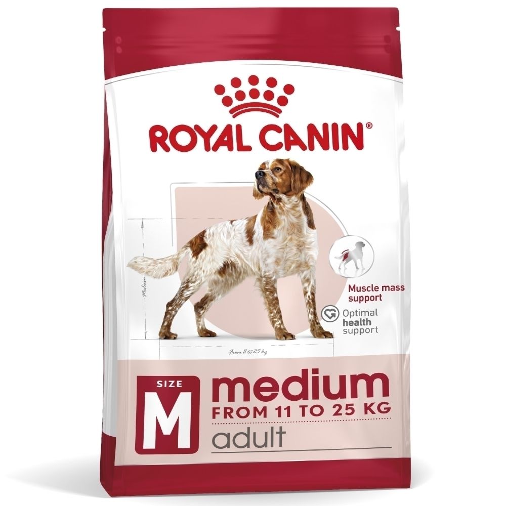 Avant d'un sac de nourriture pour chien Royal Canin Medium Adult avec image de chien et caractéristiques du produit.