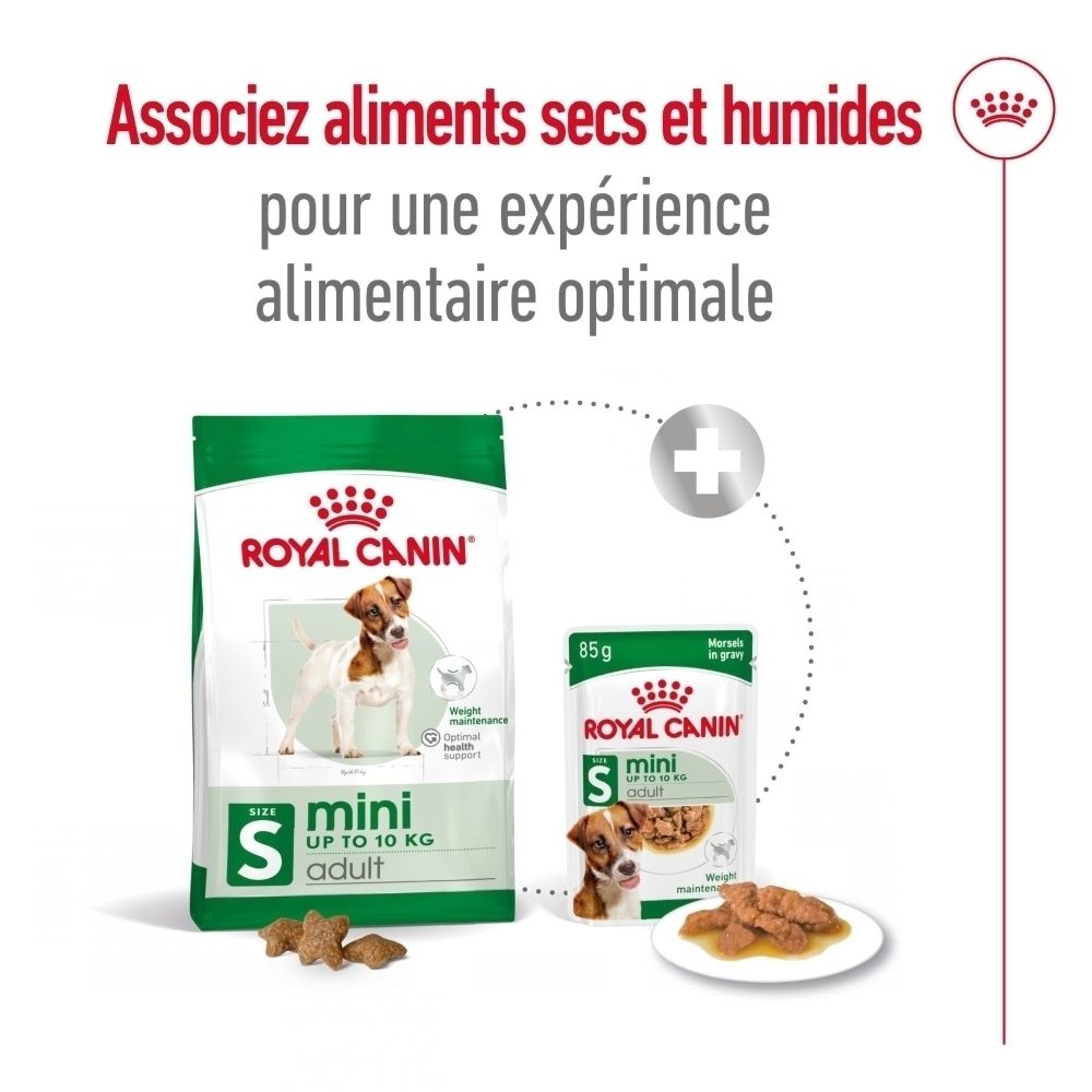 Sac de croquettes ROYAL CANIN Mini Adult pour chien, 4kg, vue de face avec chien et caractéristiques produit.