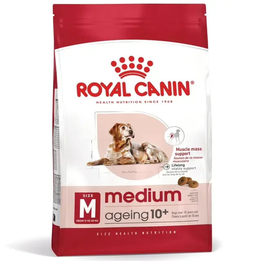 Sac de nourriture Royal Canin Medium Ageing 10+ avec image de chien et informations produit.