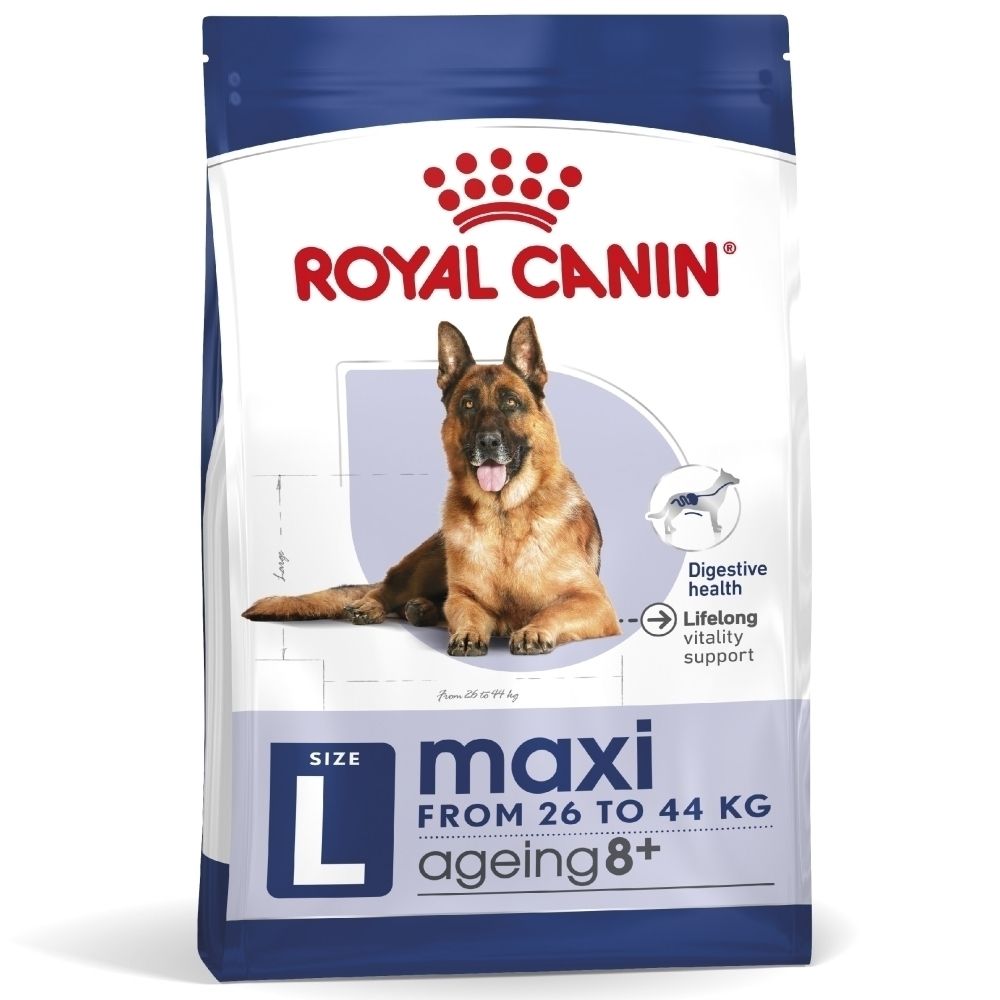 Face avant d'un sac de croquettes Royal Canin Maxi Ageing 8+, taille L, pour chiens de 26 à 44 kg.