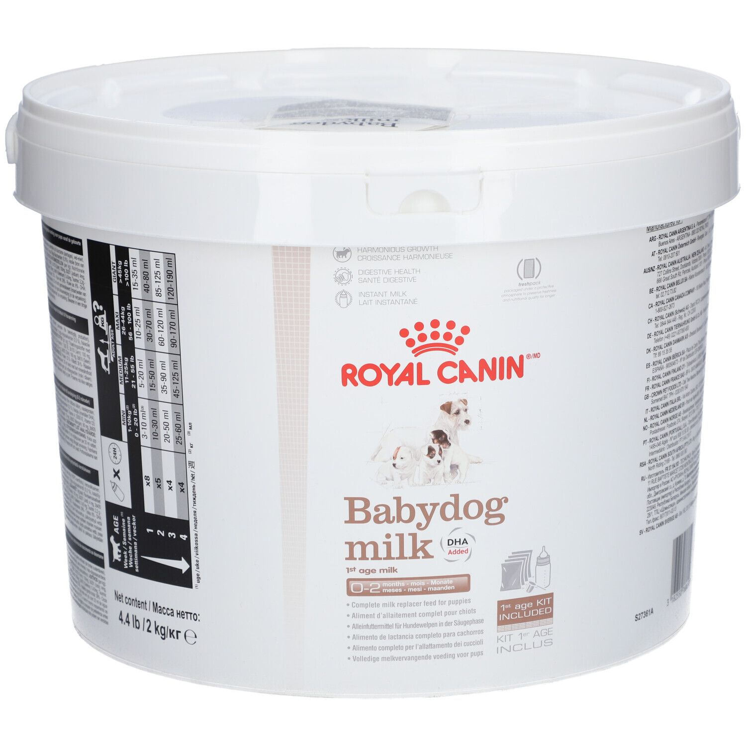 Seau blanc ROYAL CANIN Babydog milk. Impression du nom du produit, logo et illustration de chiots. Kit non inclus.