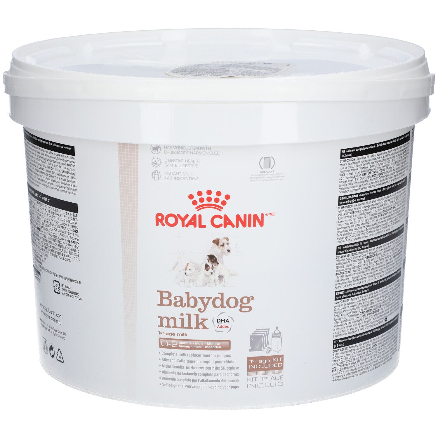 Seau blanc ROYAL CANIN Babydog milk. Impression du nom du produit, logo et illustration de chiots. Kit inclus.