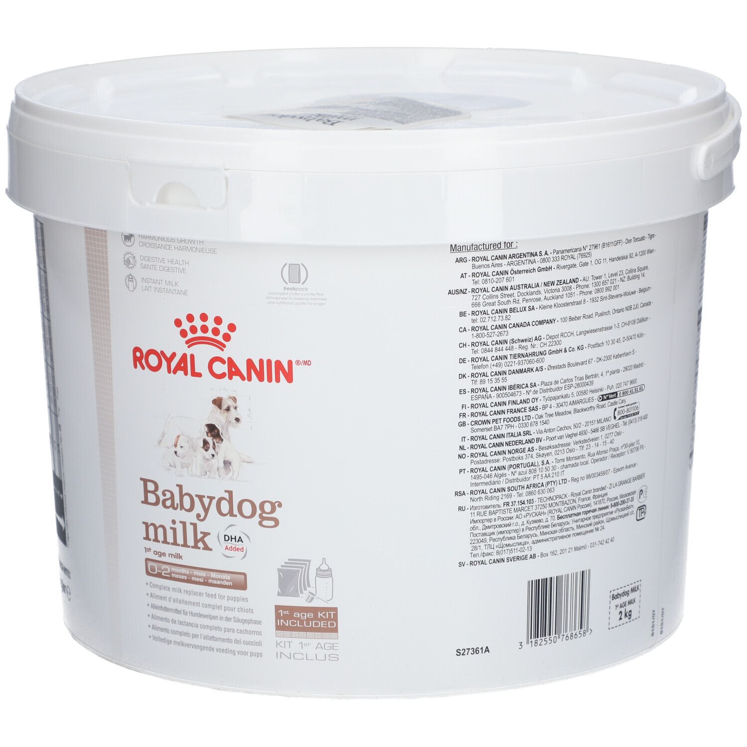 Seau blanc ROYAL CANIN Babydog milk. Impression du nom du produit, logo et illustration de chiots. Kit inclus.
