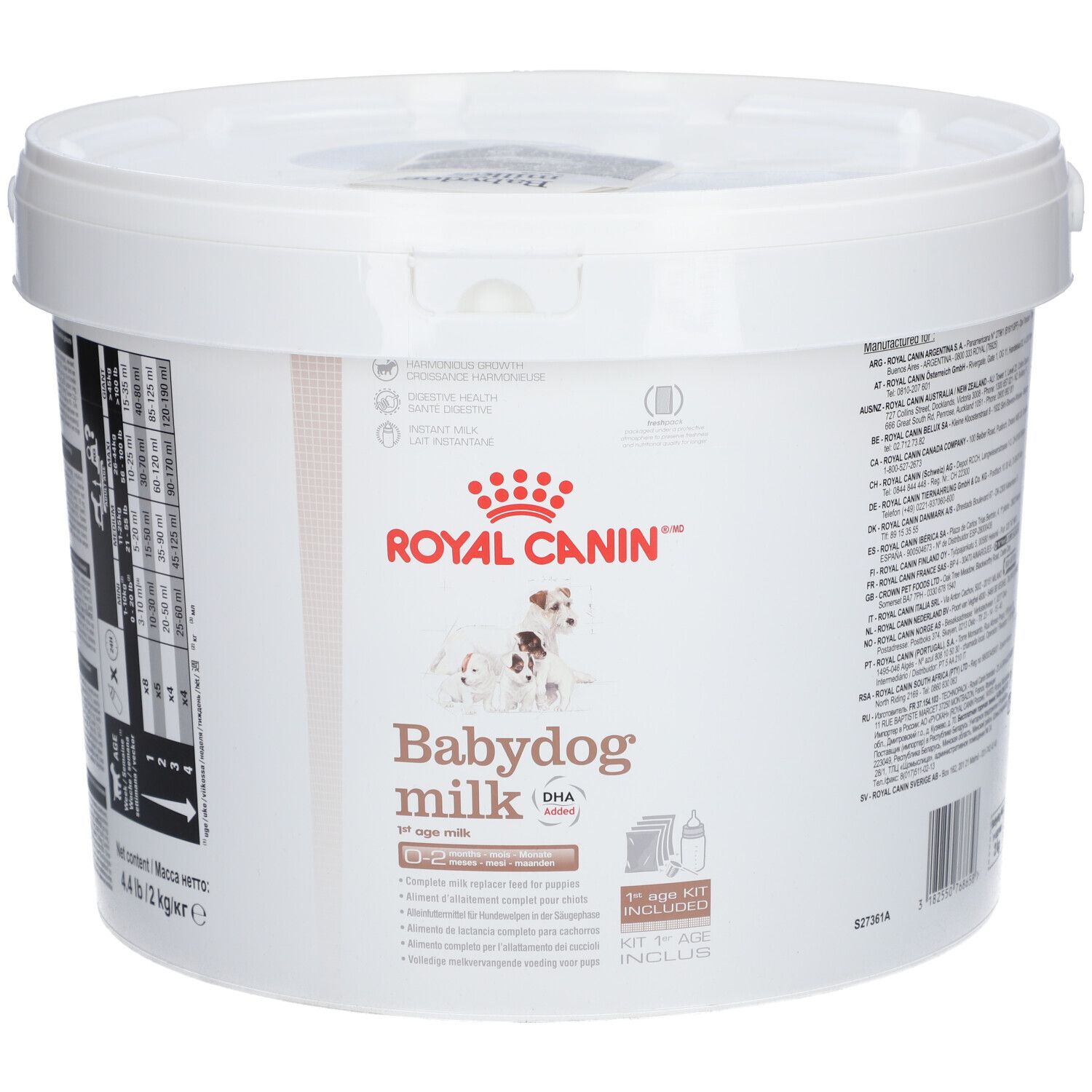 Dos du seau blanc avec texte. Contient des informations sur les ingrédients, les recommandations d'alimentation et le fabricant.