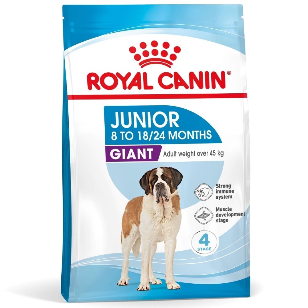 Avant d'un sac de nourriture pour chiens Royal Canin Junior Giant avec image de chien et caractéristiques produit.