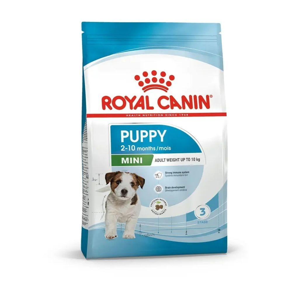 Sac de nourriture Royal Canin Puppy Mini pour chien avec image de chiot et informations produit.