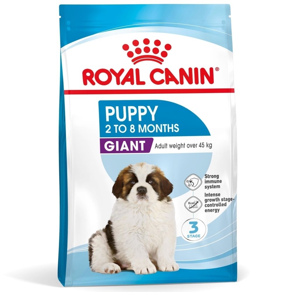 Sac de nourriture Royal Canin Puppy Giant. Emballage bleu avec image de chiot. Informations sur le poids et la nutrition.